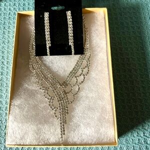 Elegant Silver Rhinestone Necklace and Earring Set, Box & Bag